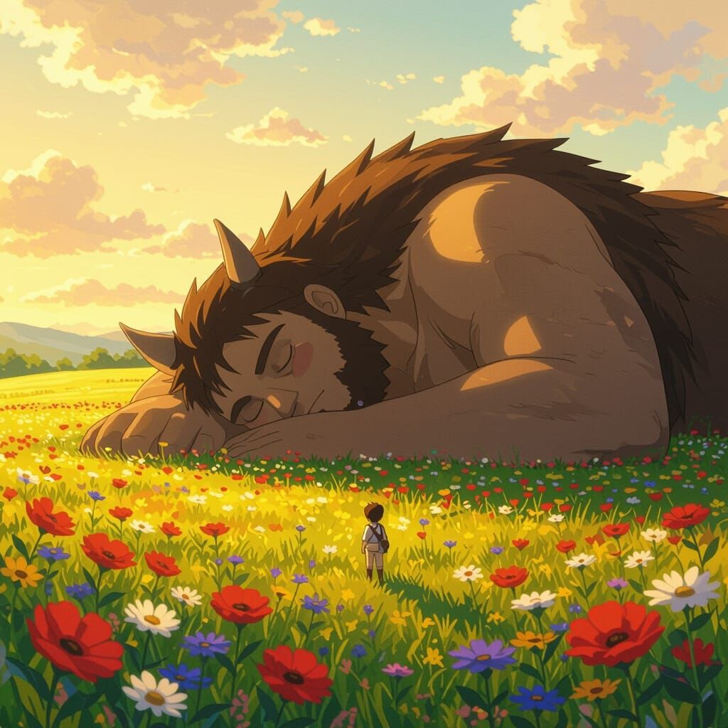 Giant Sleeps Peacefully in Wildflower Field
