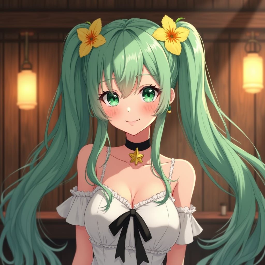 Anime Vampire Woman with Green Hair in Warm Bar