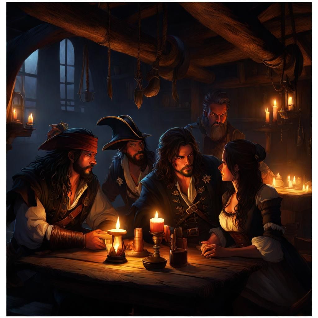 Pirates Plotting in Dark Tavern, Fantasy Concept Art