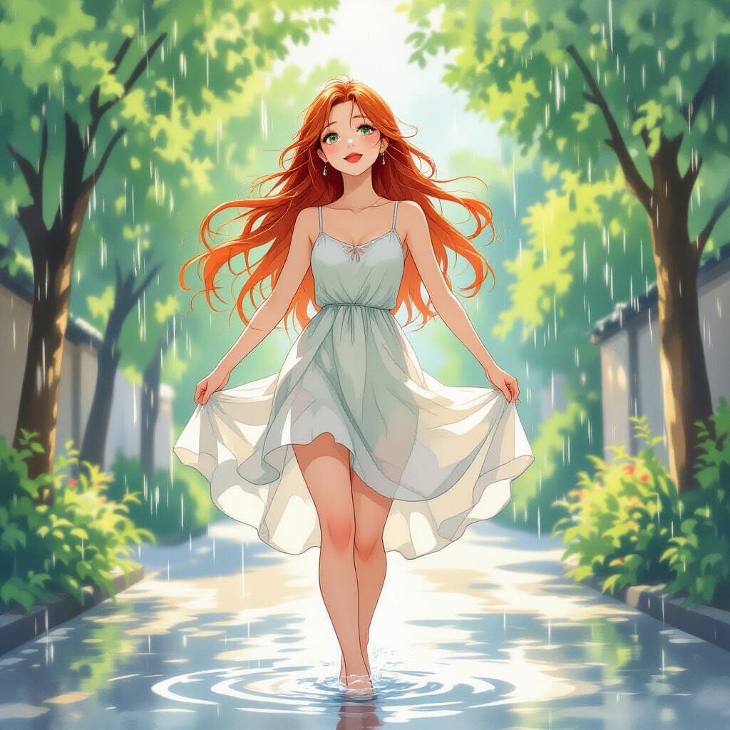 Joyful Summer Rain Dancer in Watercolor Style