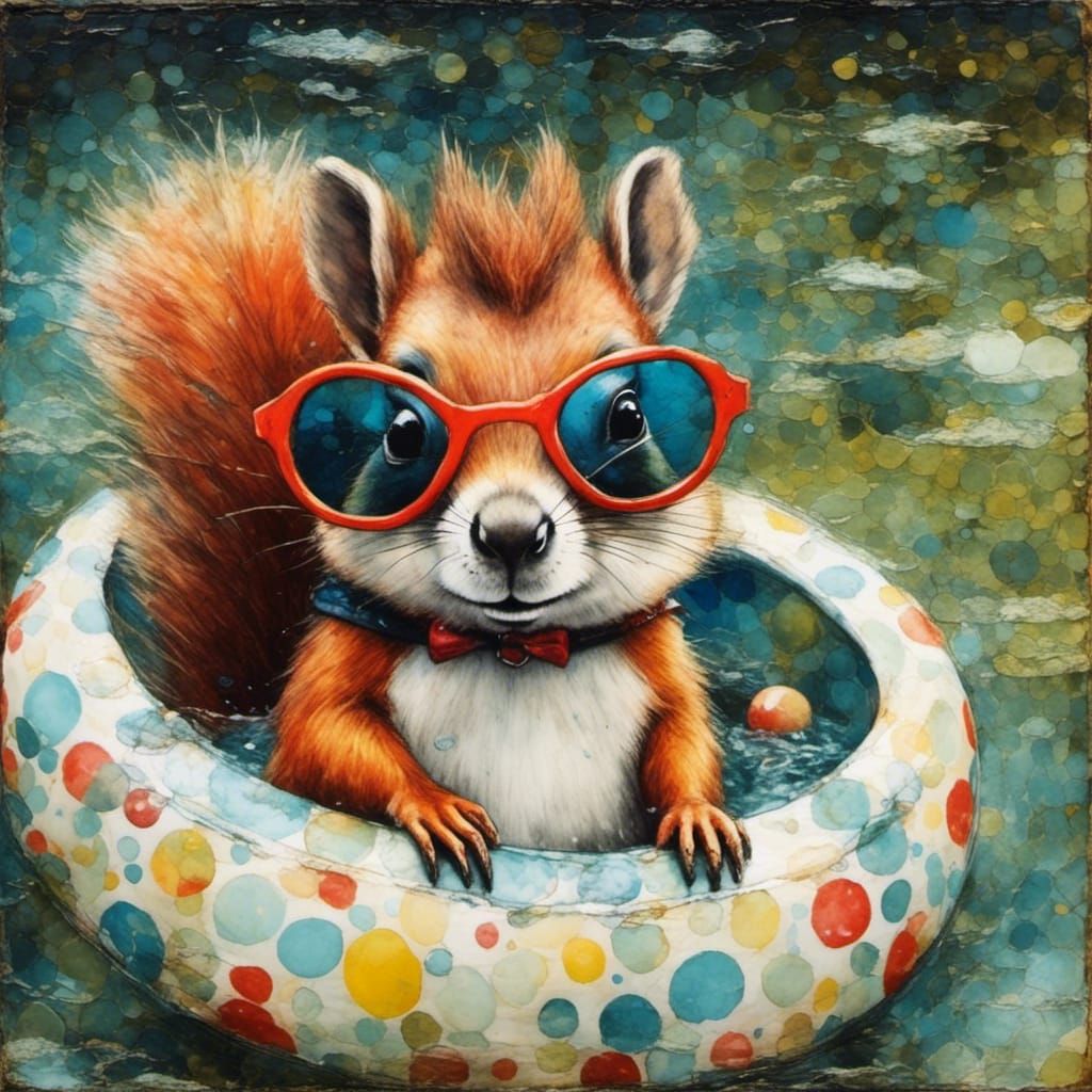 Squirrel in Swan Floatie: Encaustic Mixed Media Collage