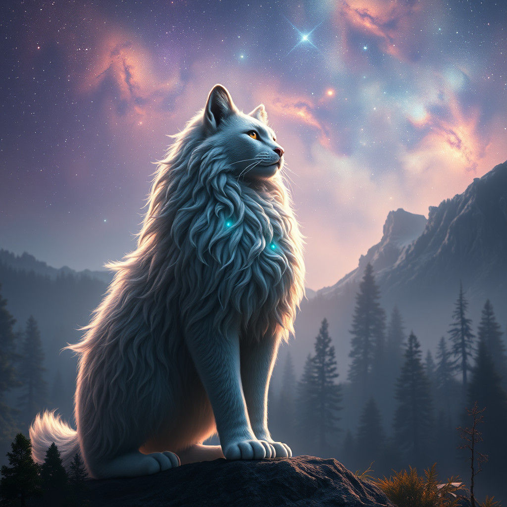 Ethereal Cat in Mystical Forest, Fantasy Art