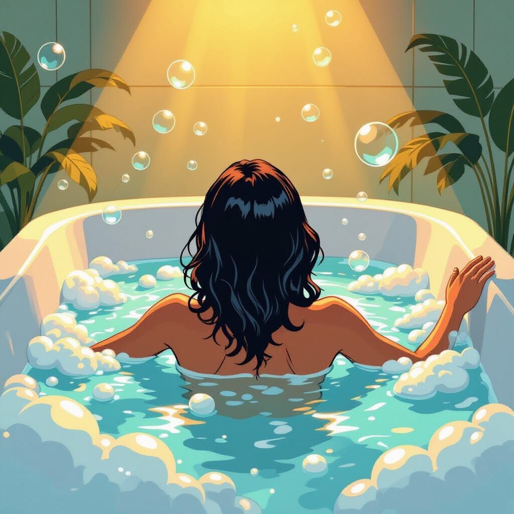 Woman's Bubble Bath in Vibrant Comic Book Style