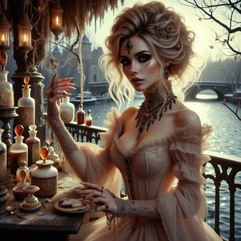 Woman Enjoying Cake on Terrace in Romantic Impressionist Sty...