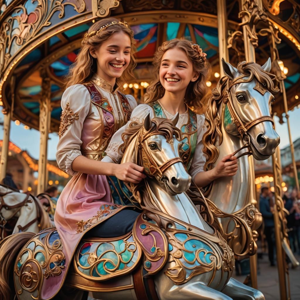 Girl on Carousel in Art Nouveau Style