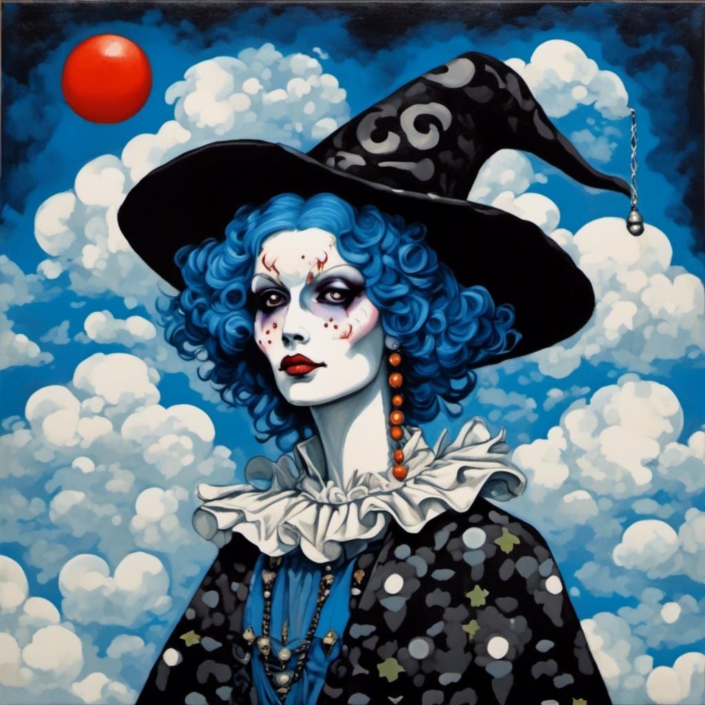 Gothic Moon Clown with Jester Hat in Gouache Style