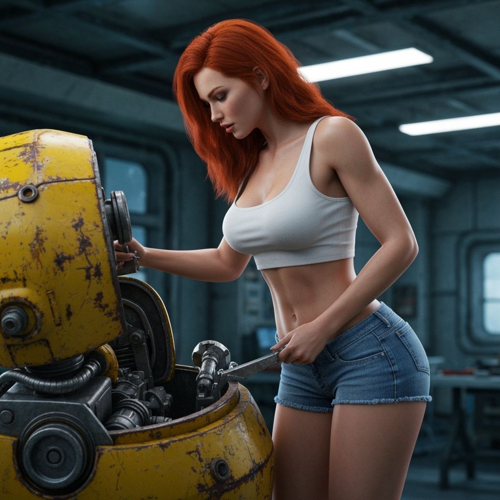 Redhead Mechanic in Space Station Robot Repair Facility