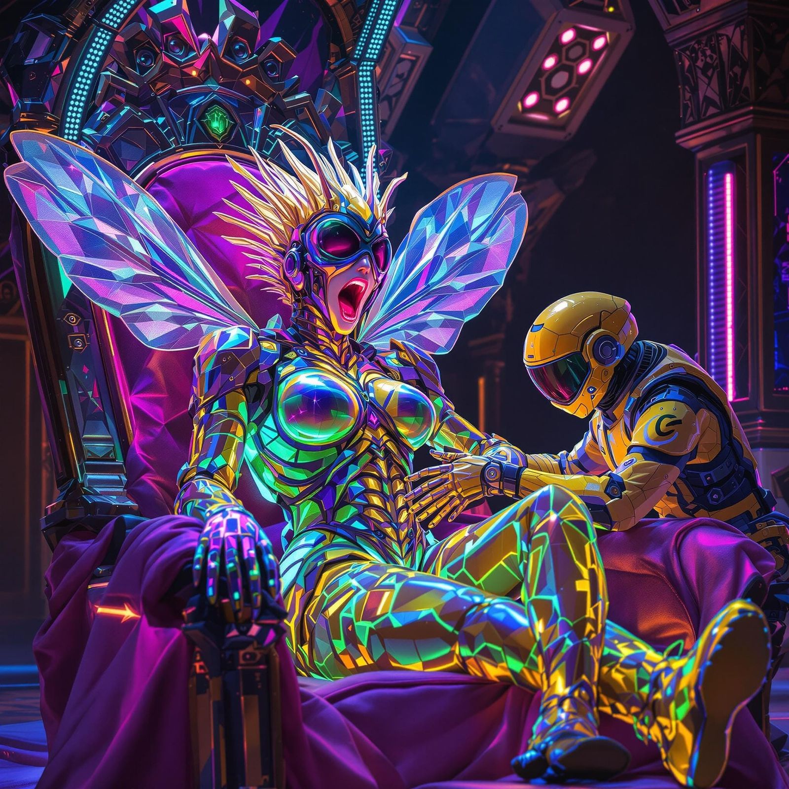 Futuristic Queen Bee on Bioluminescent Throne
