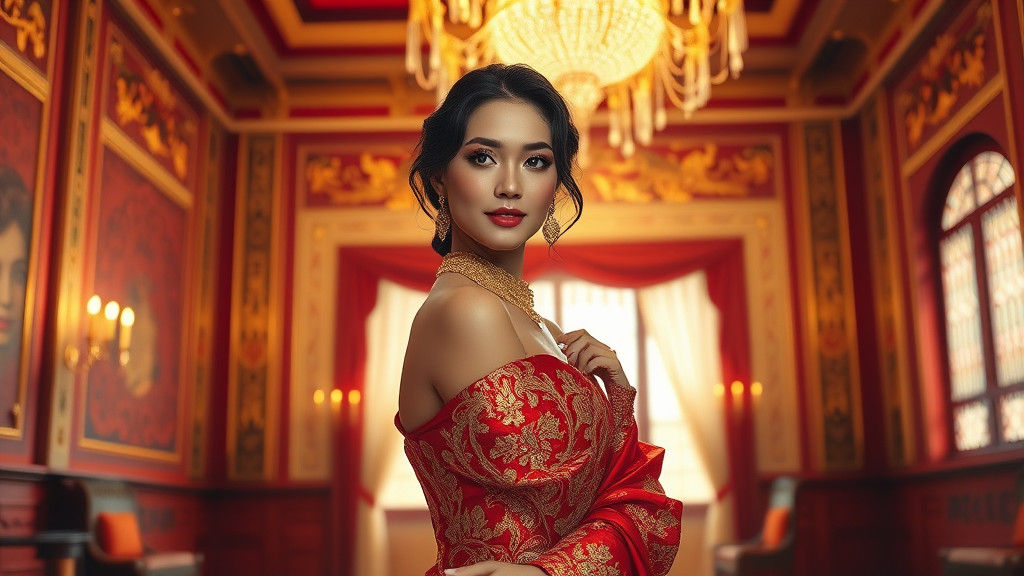 Elegant Woman in Red Gown with Gold Embroidery