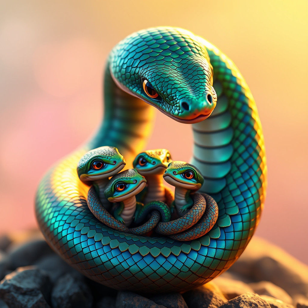 Loving Serpent Mother and Babies in 3D Digital Art