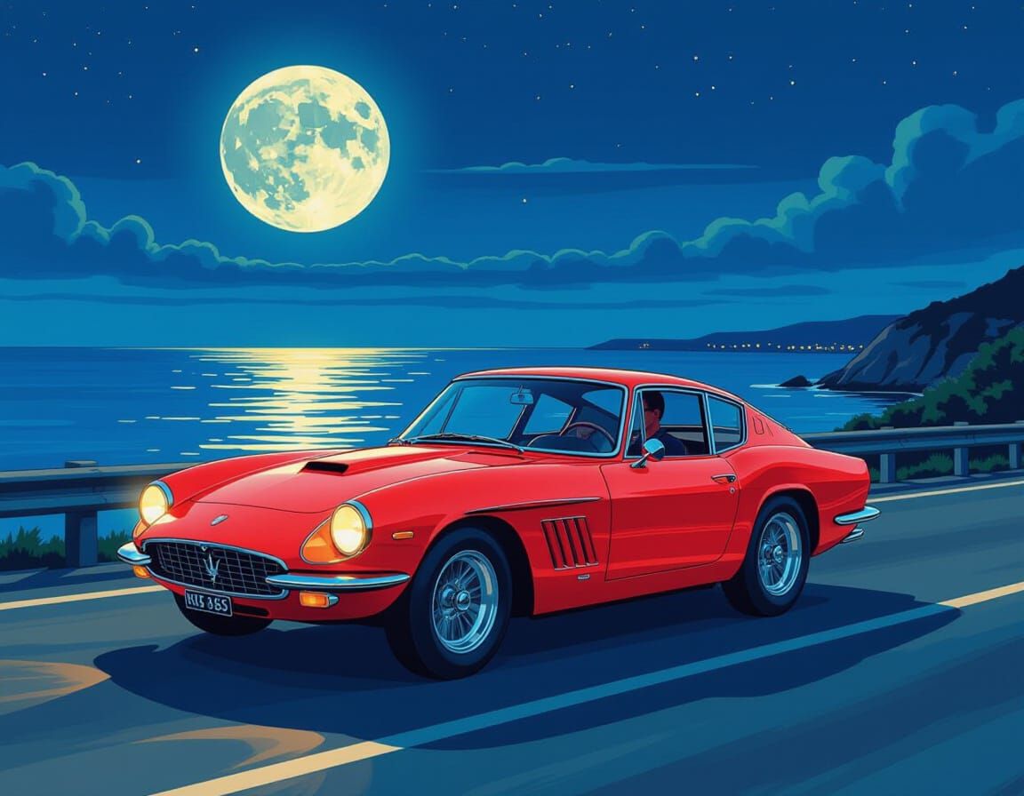 Crimson 1967 Maserati Drives Coastal Highway at Night