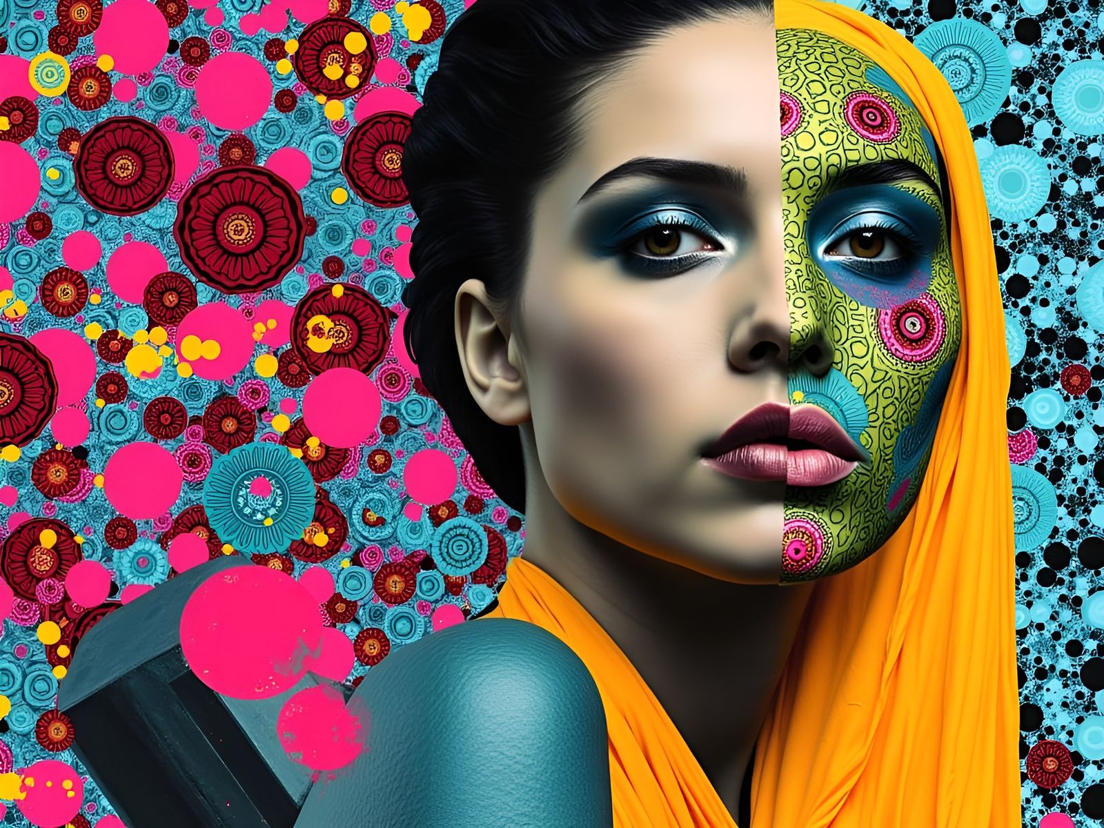 Surreal Androgynous Figures in Vibrant Cubist Landscape