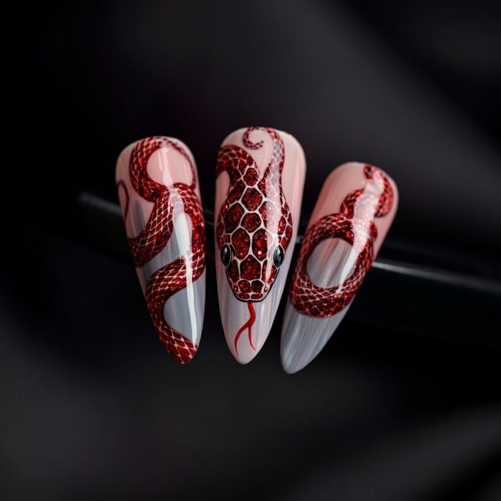 Majestic Snake Nail Art in Shimmering Glitter