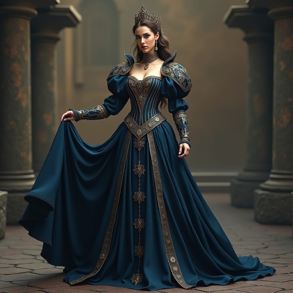 Renaissance Woman in Dark Blue and Bronze Dress