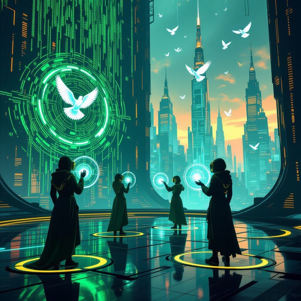 Futuristic VR Ritual Arena in Cyberpunk Style