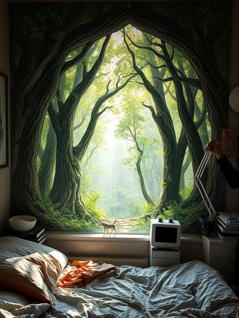 a portal into a mythical forest on the wall of my small messy bedroom