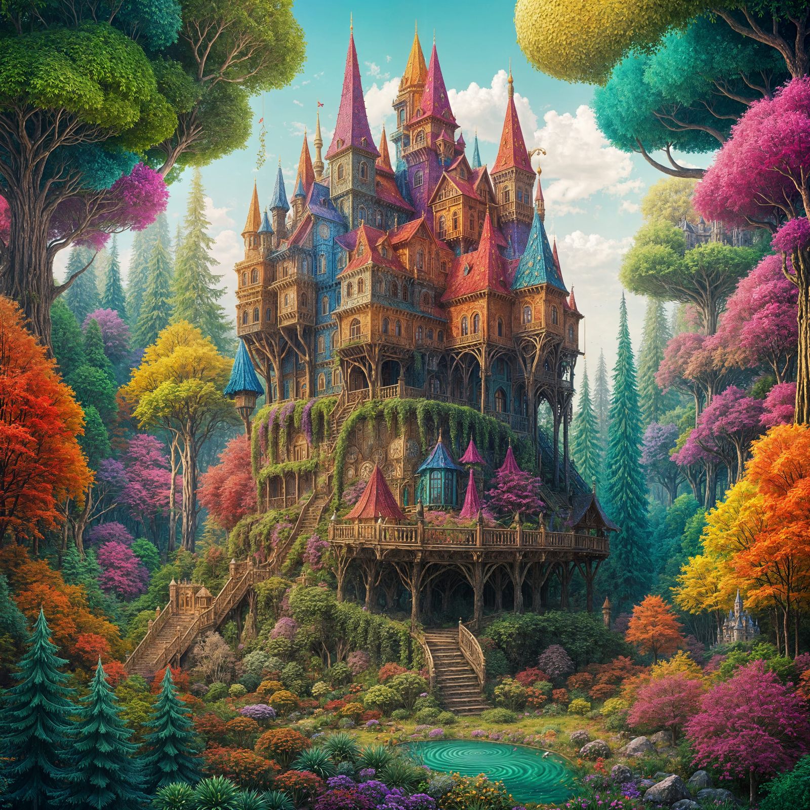 Colorful Surreal Forest Castle, Detailed Landscape