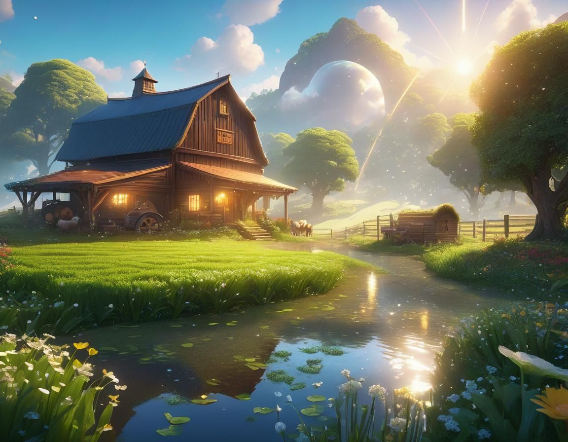 Magical Farm with Animals in Morning Light