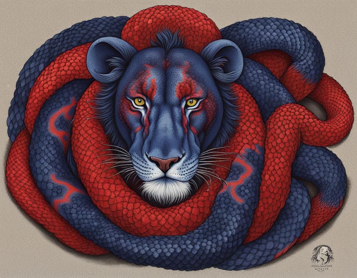 Surreal Lion Anaconda Burning in Indigo Red