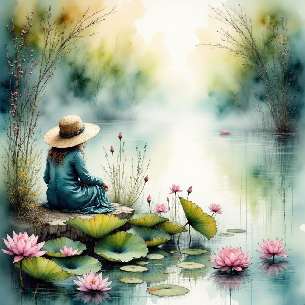 Solitary Figure by Misty Lake with Lotus Blossoms