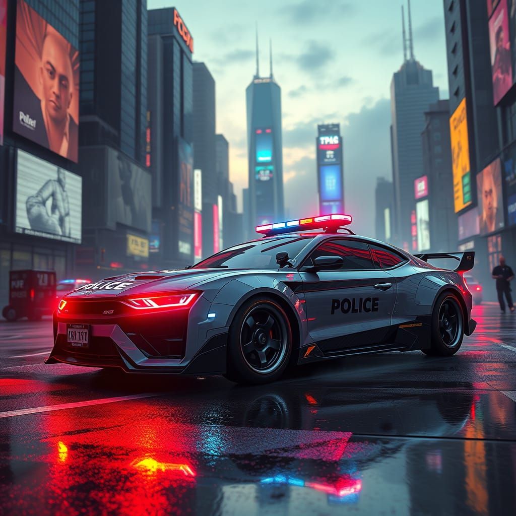 Futuristic Police Car in Neon-Lit Dystopian Cityscape