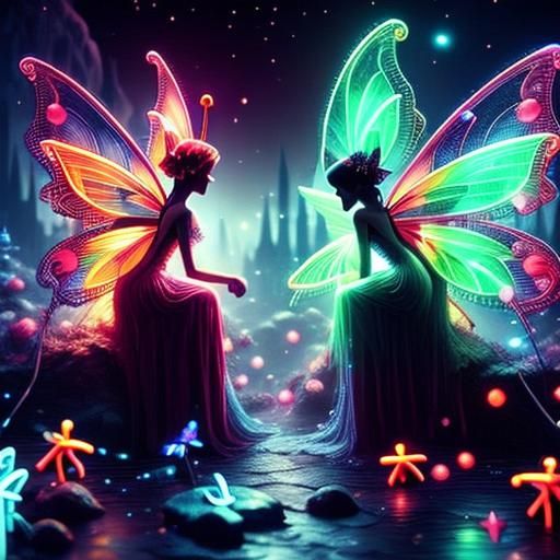 Fantasy Castle with Neon Fairies, Digital Art