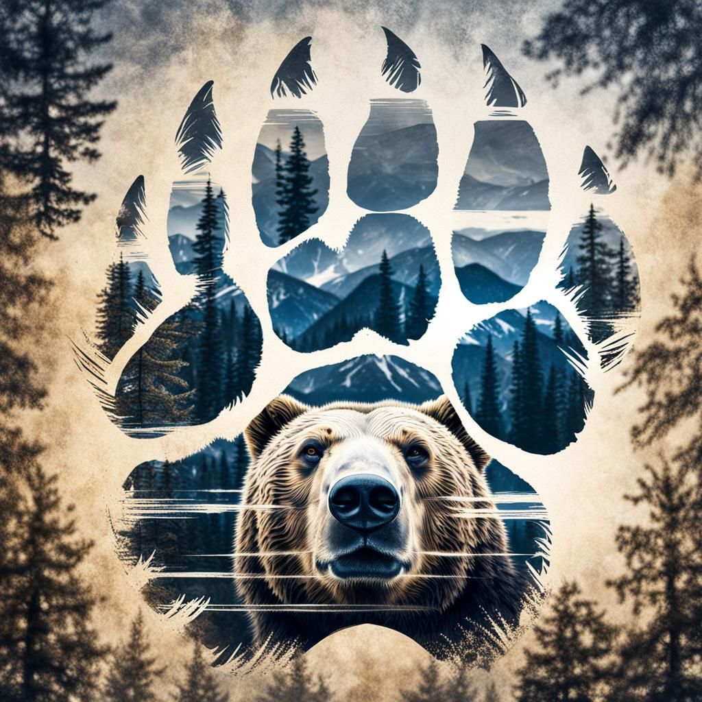 Hyperrealistic Double Exposure of Bear Paw Print