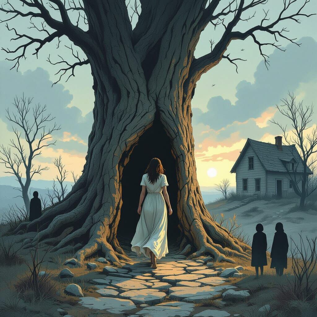 Woman Emerges from Ancient Tree: Symbol of Hope