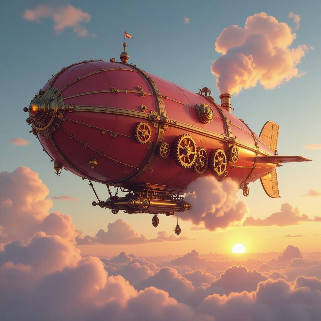 Steampunk Cherry Airship Soaring in Cotton Candy Sky