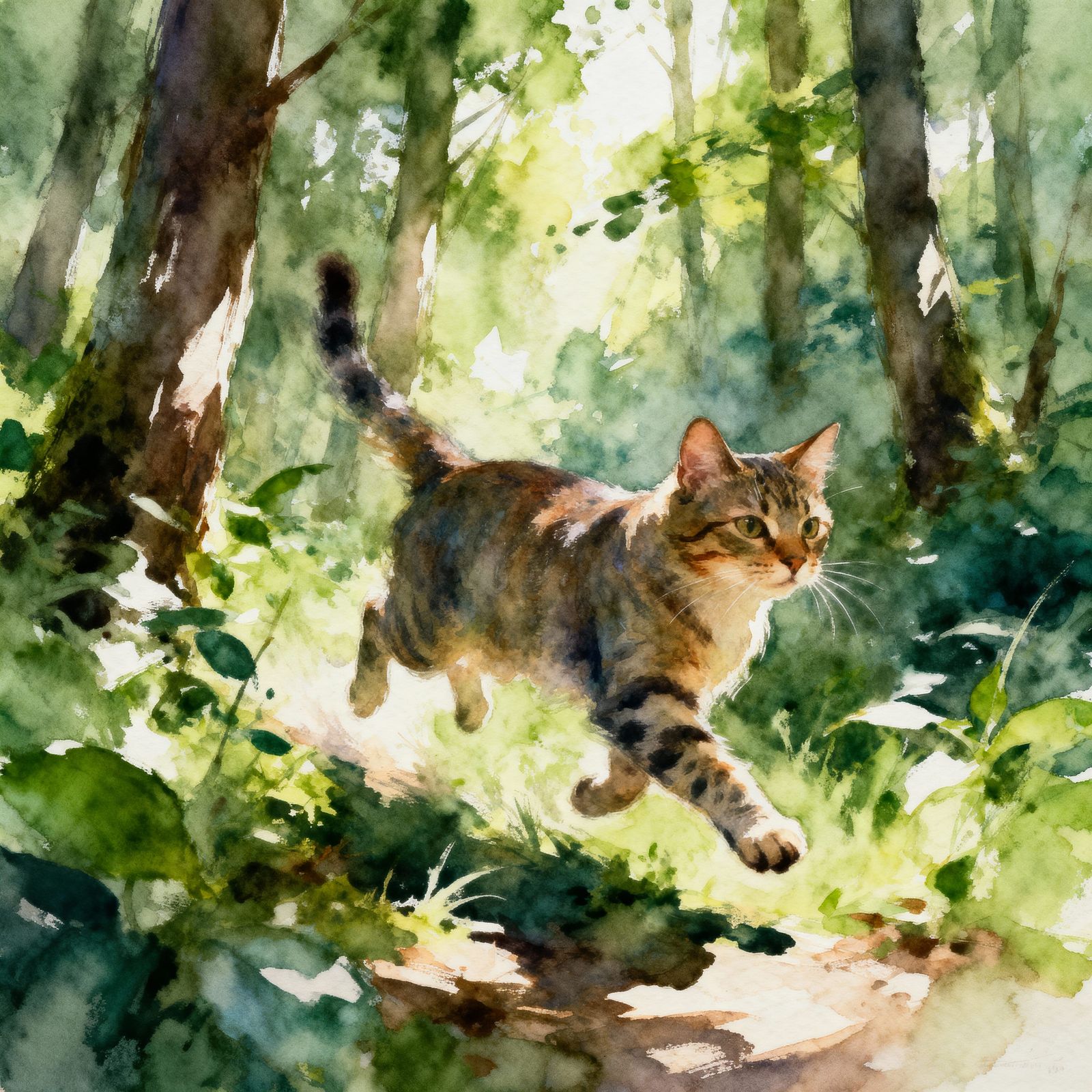 Dynamic Watercolor Cat Running Through Lush Forest