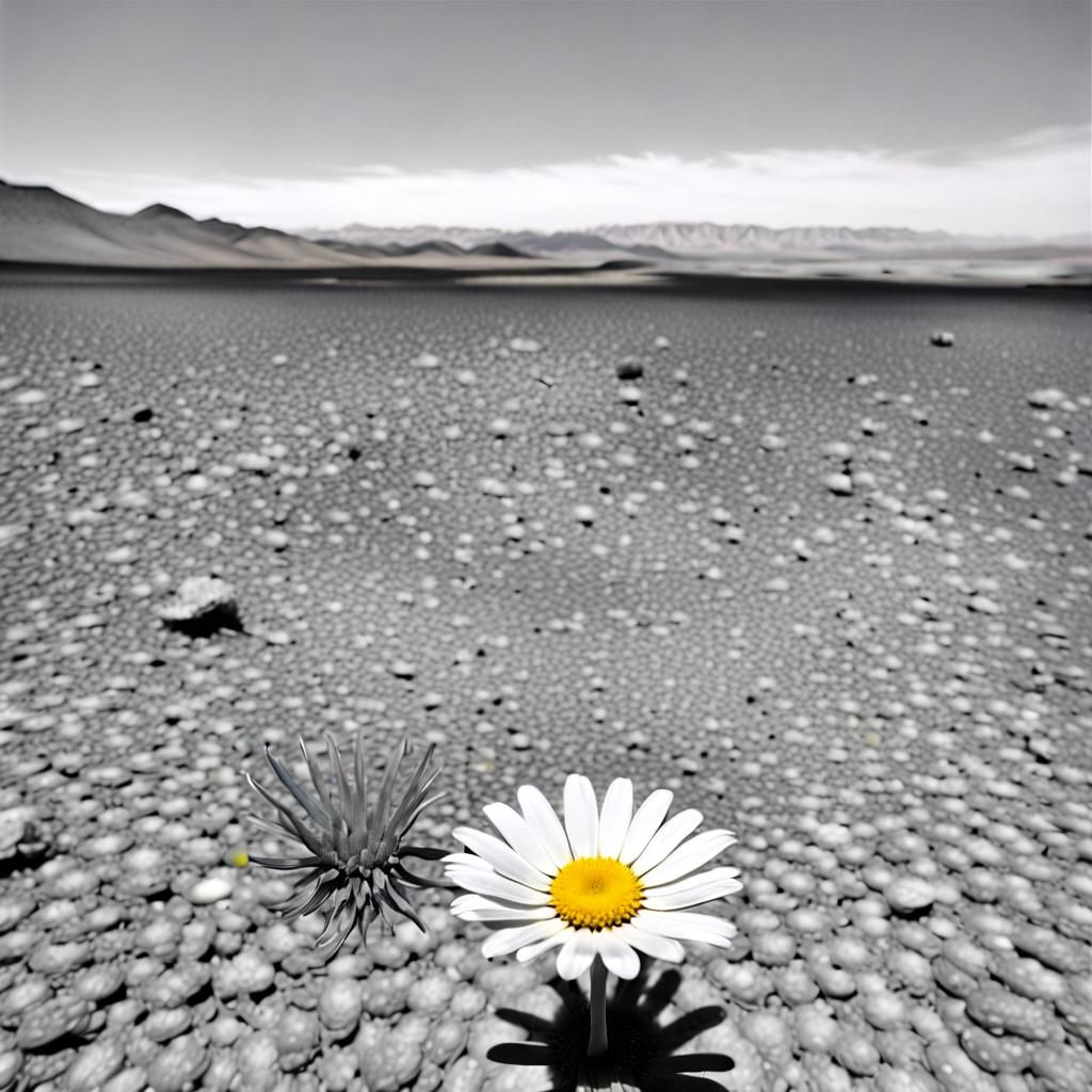 Monochrome Desert Landscape with Single Daisy