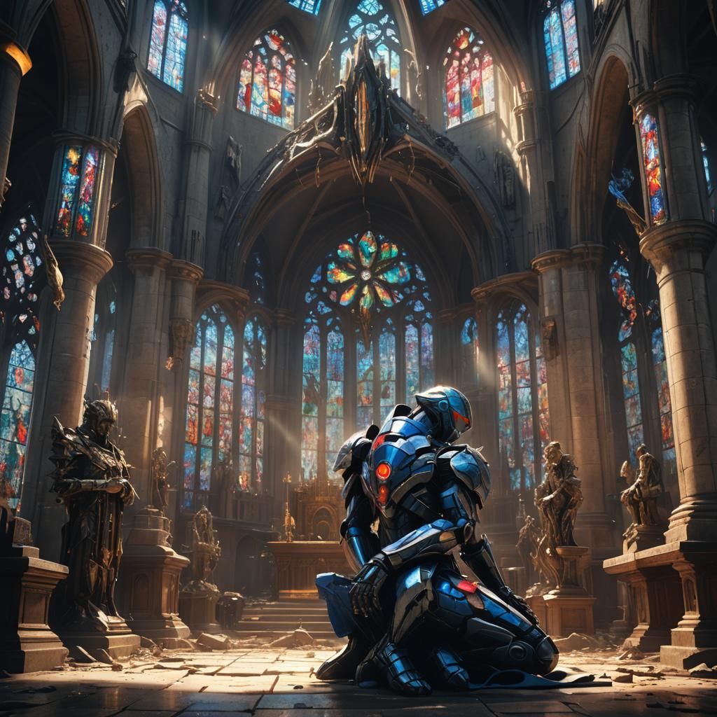 Guyver Warrior Praying in Ruined Church