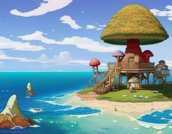 Toadstool Mansion on Hawaiian Beach: Ink Drawing