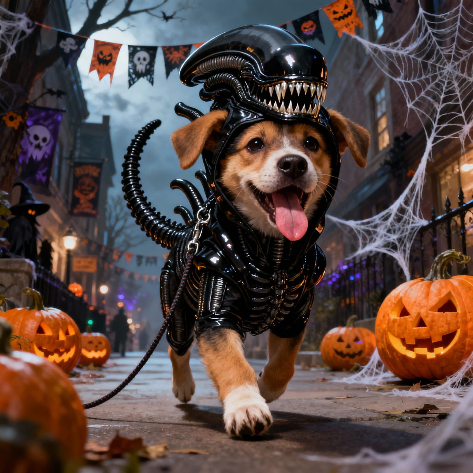 Adorable Puppy Dressed As Xenomorph on Halloween Street