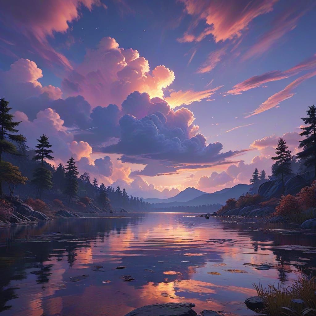 Dusk Lake Scene in Vibrant Anime Style