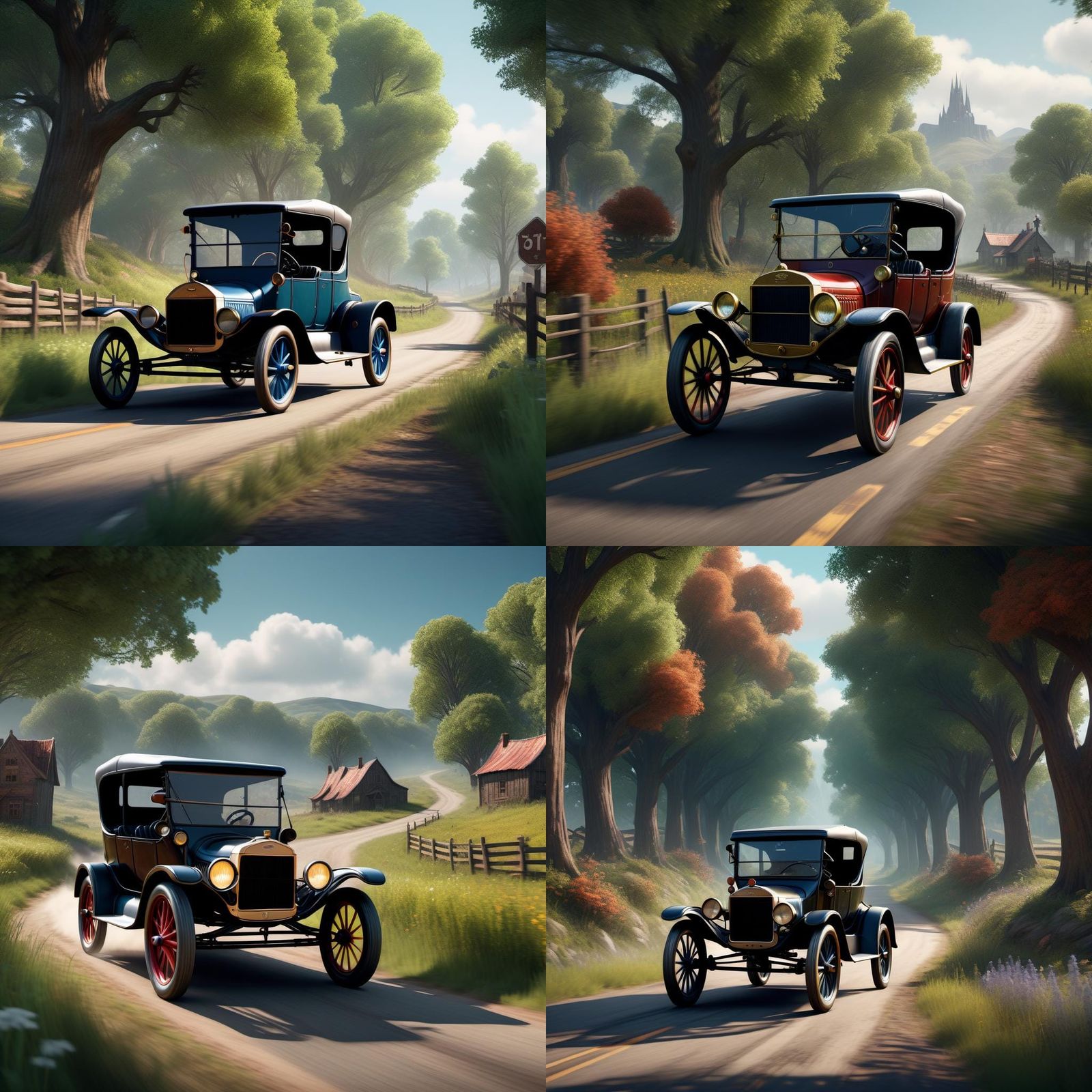 Model T Ford on Country Road: Detailed Matte Painting