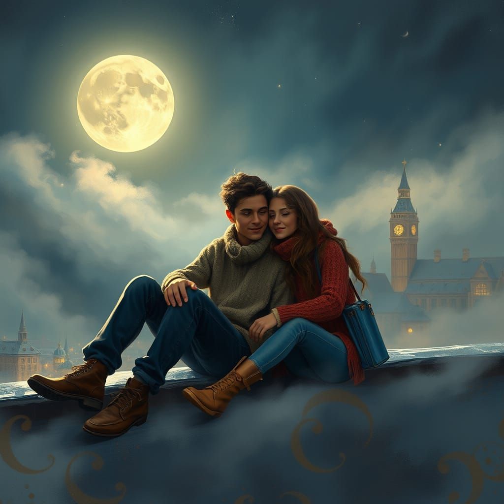 Romantic Rooftop Scene in Whimsical Dream Style