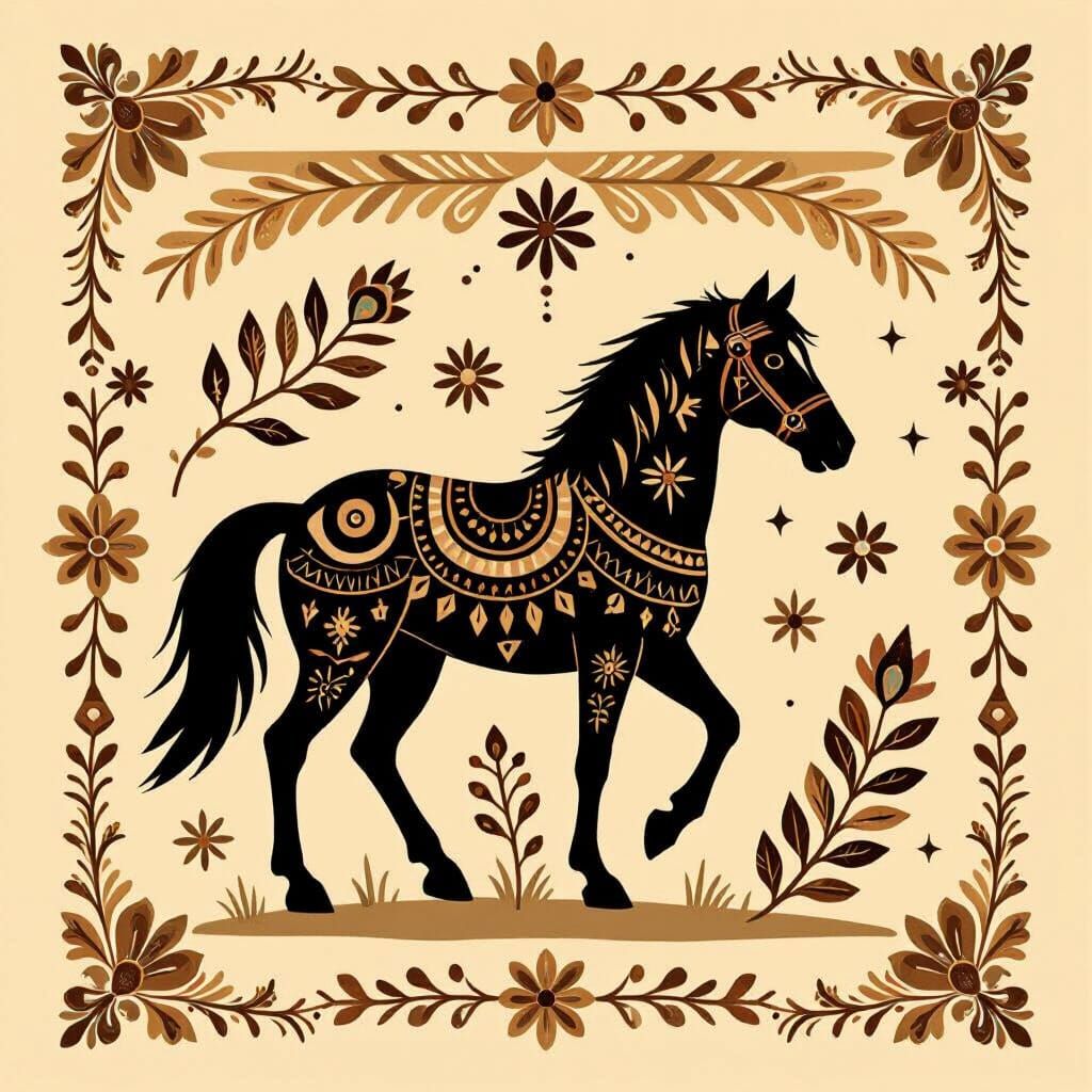 Boho Horse Silhouette with Floral and Tribal Details