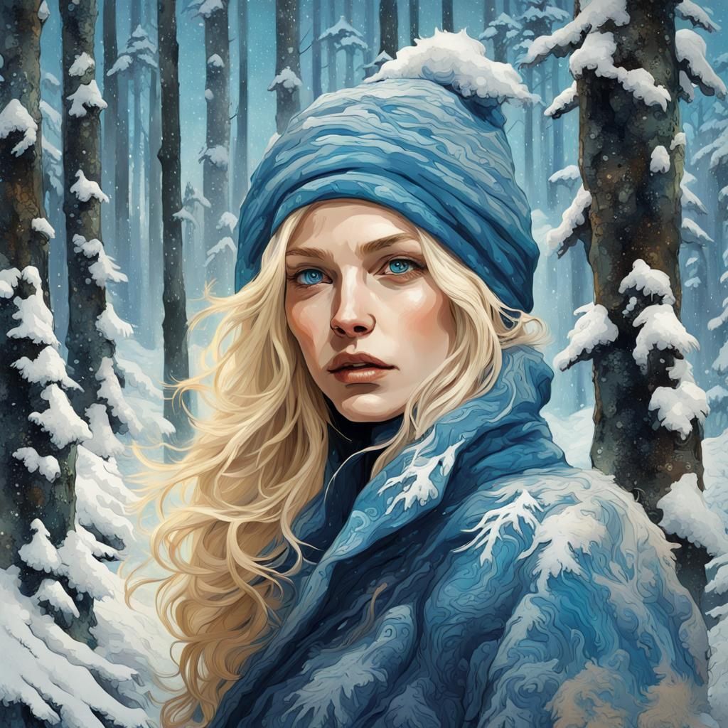 Blonde Woman in Snowy Forest: Fantasy Illustration