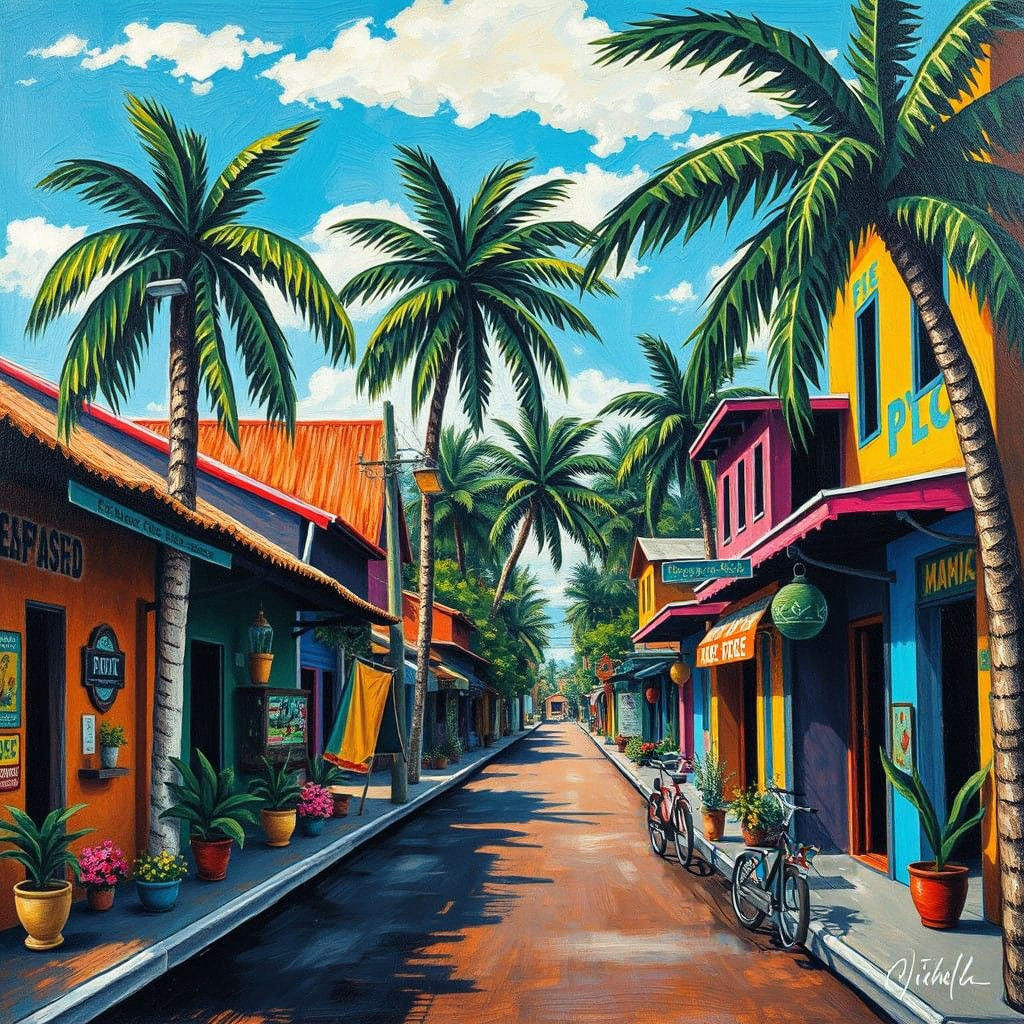 Jamaican Street Scene in Vibrant Naive Folk Art