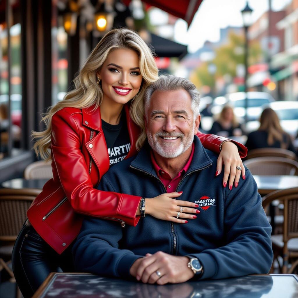 Blonde Pinup Model Hugs Father at Outdoor Cafe
