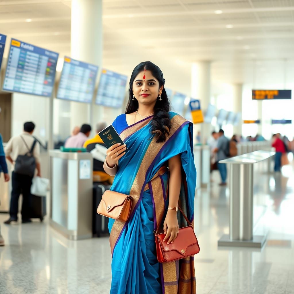 Indian Woman in Elegant Saree at Modern Airport Ticket Count...