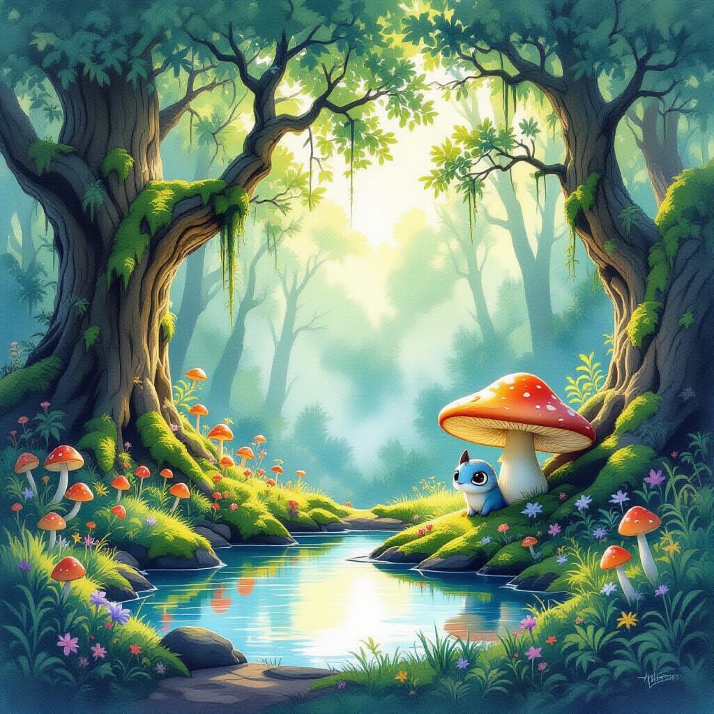 Ethereal Dawn Forest Clearing with Mythical Creature