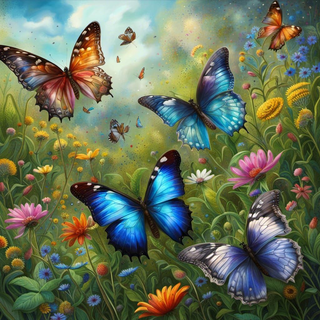 Blue Butterflies in Wildflower Meadow: Fantasy Art