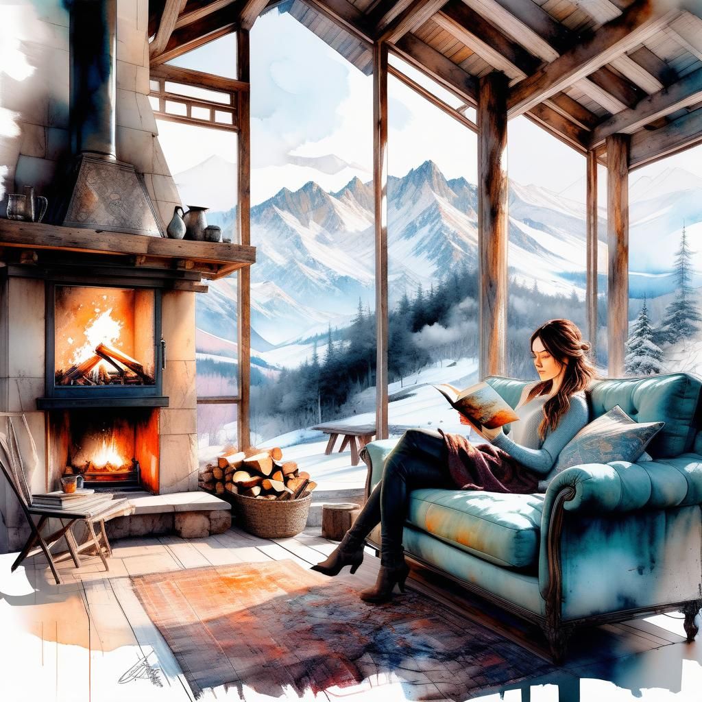 Cozy Chalet Scene in Pastel Watercolor Style