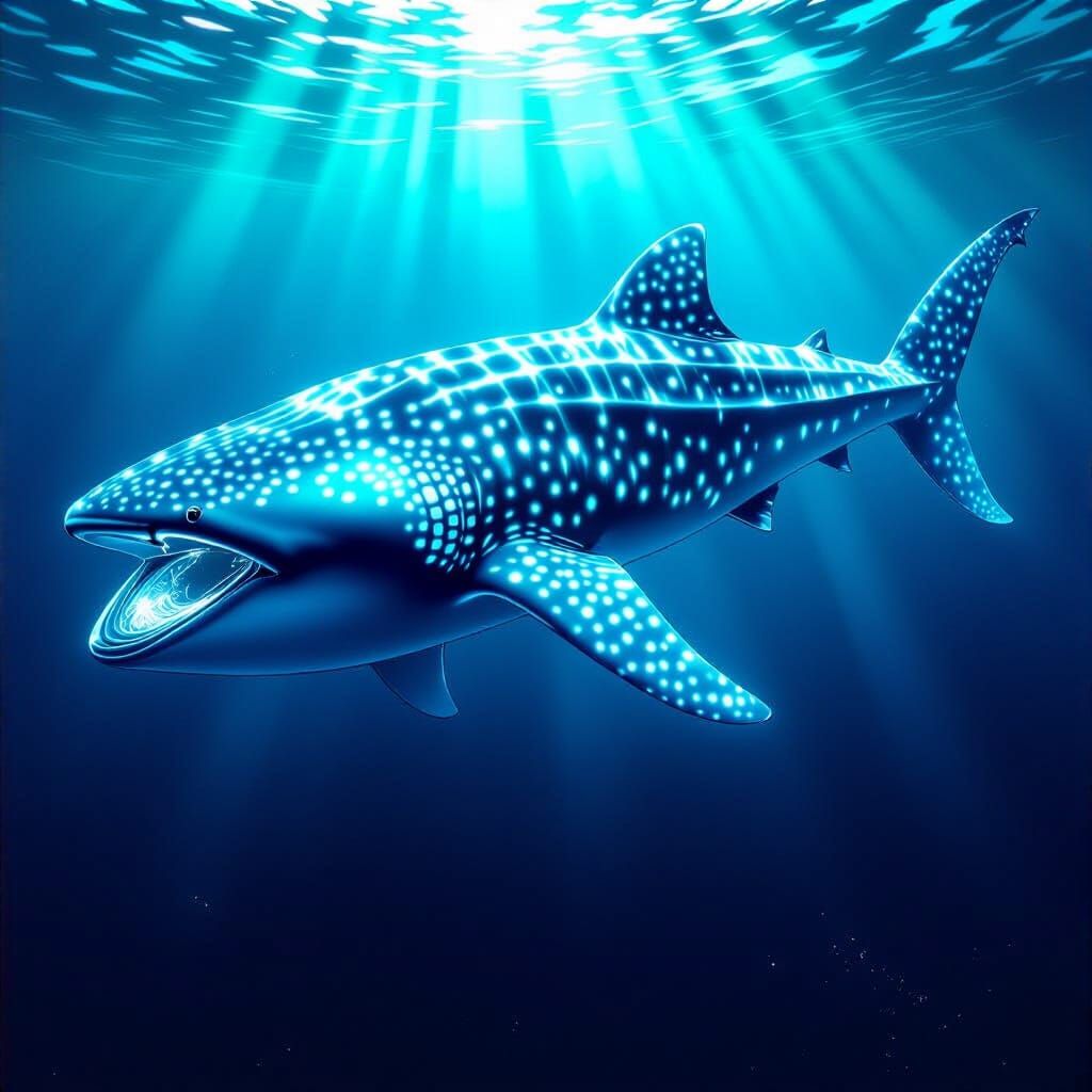 Crystal Whale Shark Gliding Through Dark Ocean
