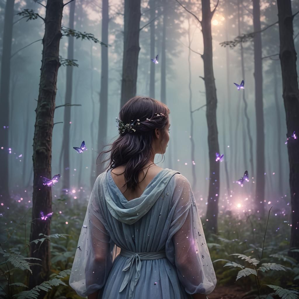 Ethereal Woman in Foggy Forest: Digital Art