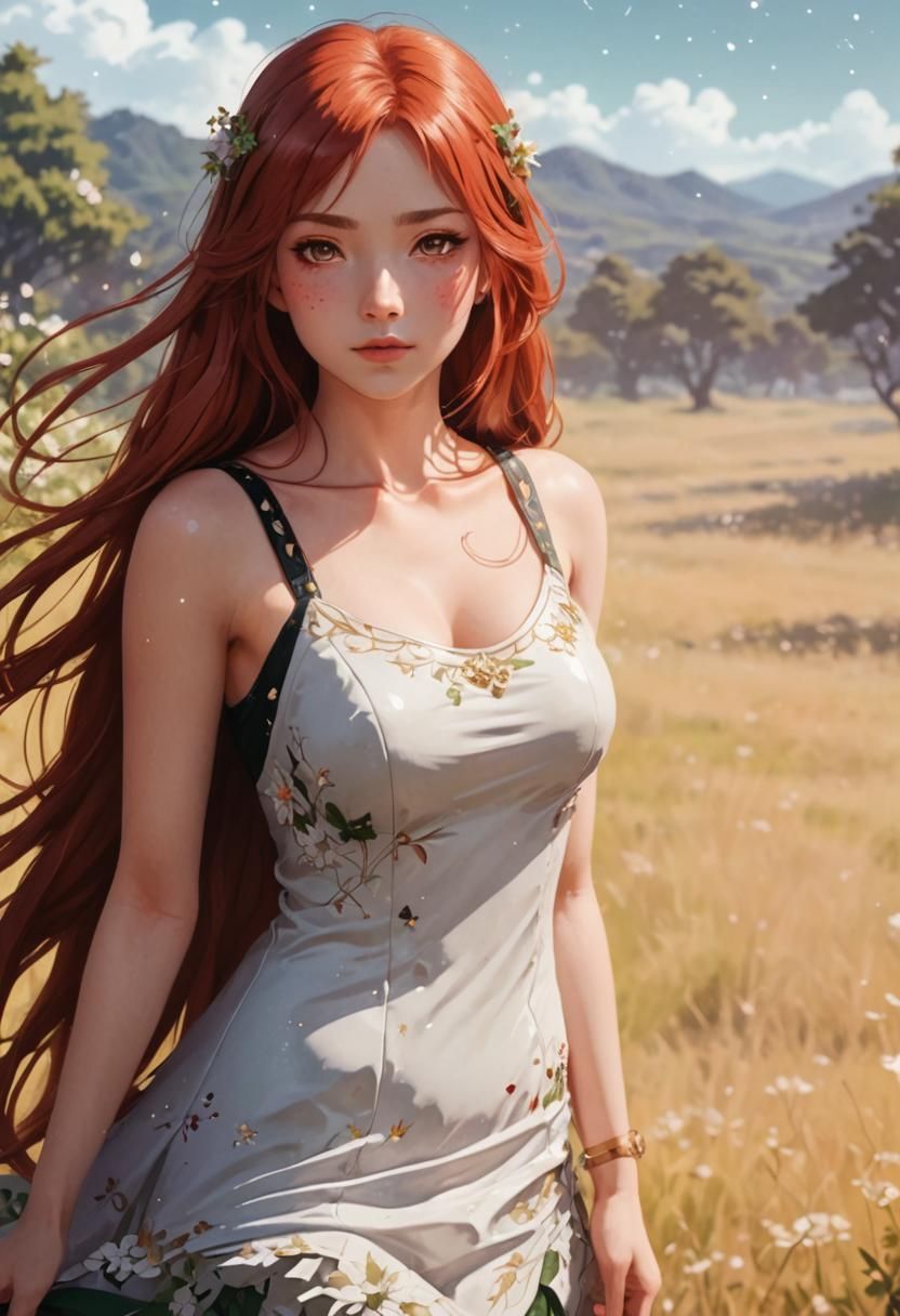 Anime Fox Girl in Ornate Dress: Digital Watercolor Art