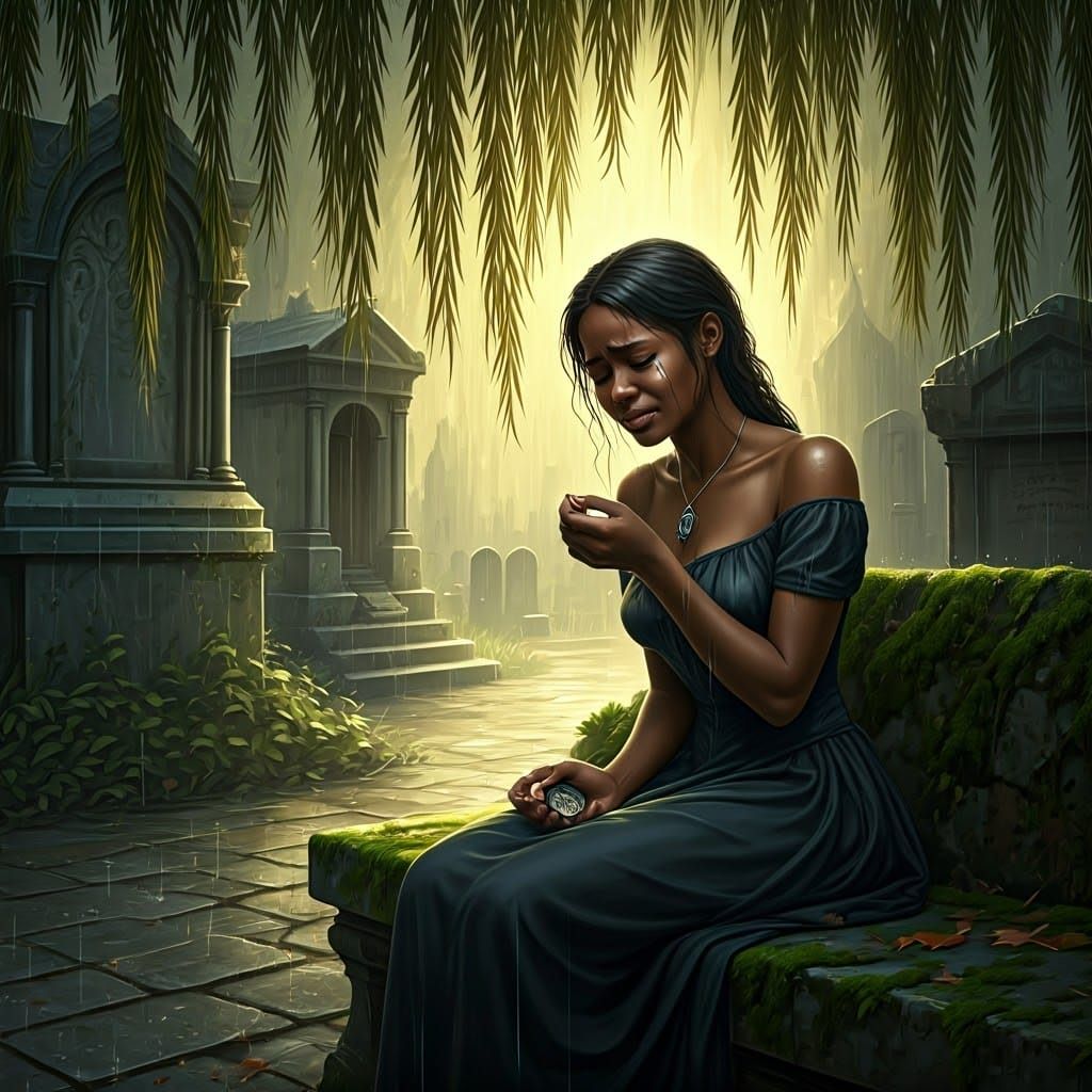 Melancholy Woman with Locket in Cemetery Painting