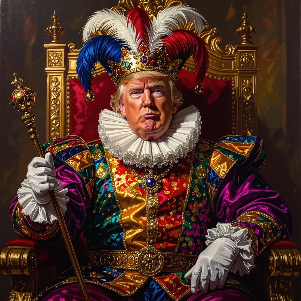 Flamboyant Jester Donald Trump in Gilded Throne Room